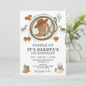 Cowboy 1st Birthday Party Invitation Kaart (Staand voorkant)