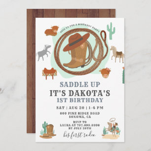Cowboy 1st Birthday Party Invitation Kaart