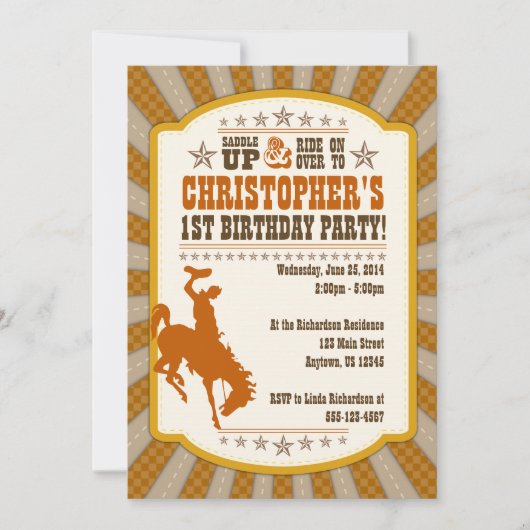 Cowboy 1st Birthday Party Invitation Kaart (Voorkant)