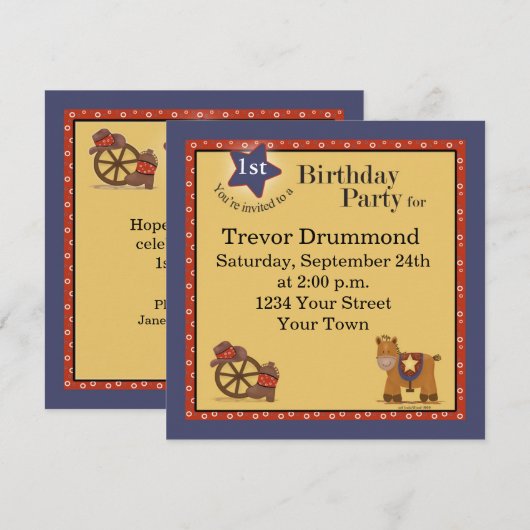 Cowboy 1st Birthday Uitnodiging (Voorkant / Achterkant)