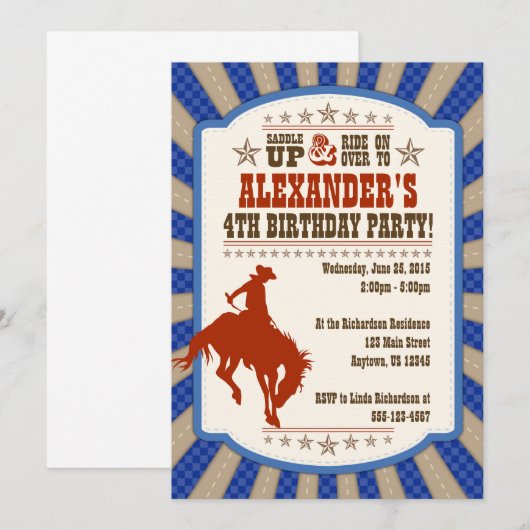 Cowboy 4e uitnodiging van de Birthday Party (Voorkant / Achterkant)