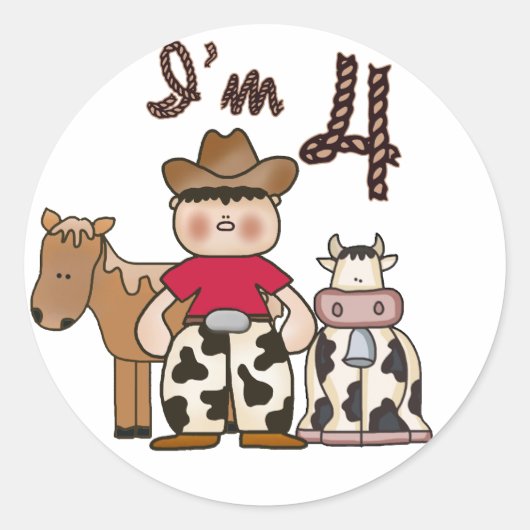 Cowboy 4e verjaardag ronde sticker (Voorkant)
