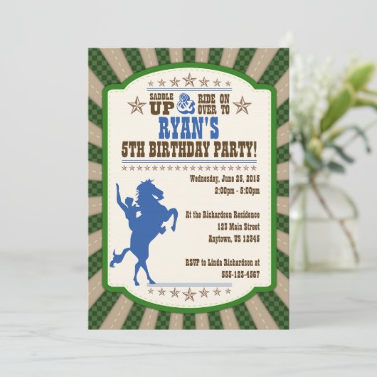 Cowboy 5th Birthday Party Invitation Kaart (Staand voorkant)