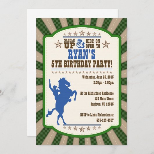 Cowboy 5th Birthday Party Invitation Kaart (Voorkant / Achterkant)