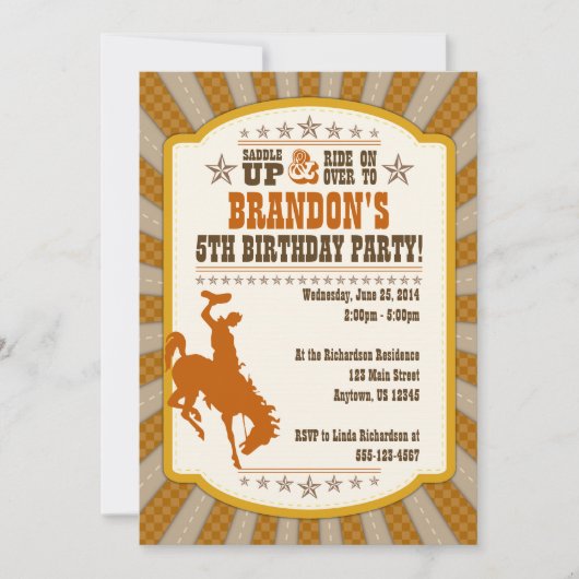 Cowboy 5th Birthday Party Invitation Kaart (Voorkant)