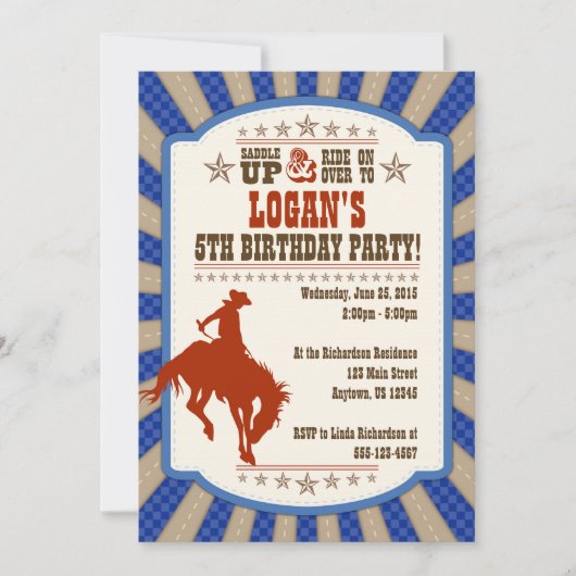 Cowboy 5th Birthday Party Invitation Kaart (Voorkant)