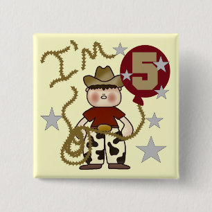 Cowboy 5th Birthday T-shirts en cadeautjes Vierkante Button 5,1 Cm