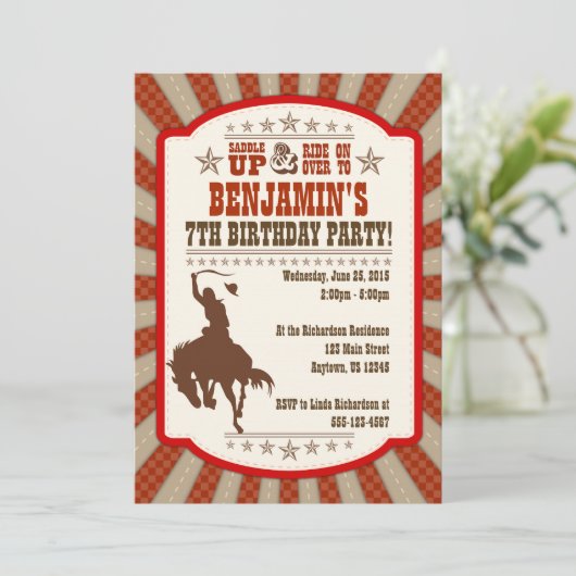 Cowboy 7th Birthday Party Invitation Kaart (Staand voorkant)