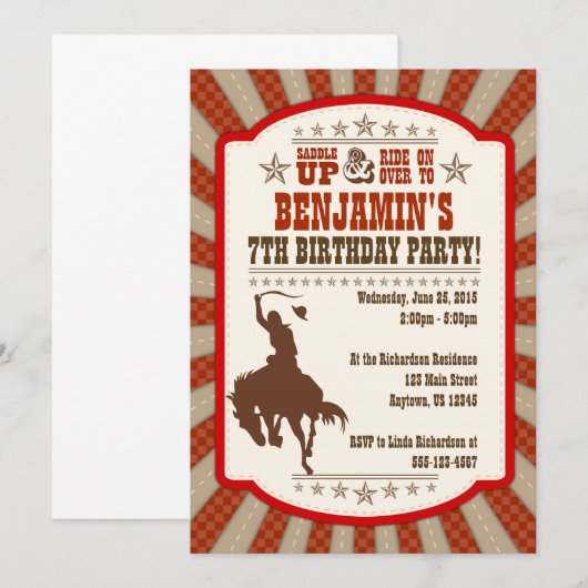 Cowboy 7th Birthday Party Invitation Kaart (Voorkant / Achterkant)