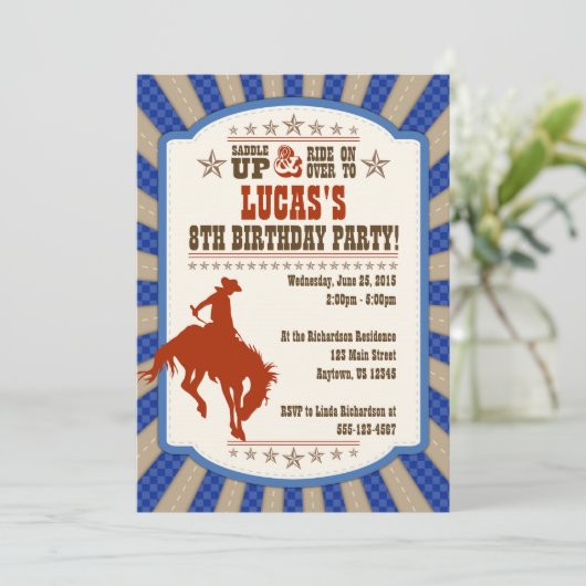Cowboy 8th Birthday Party Invitation Kaart (Staand voorkant)