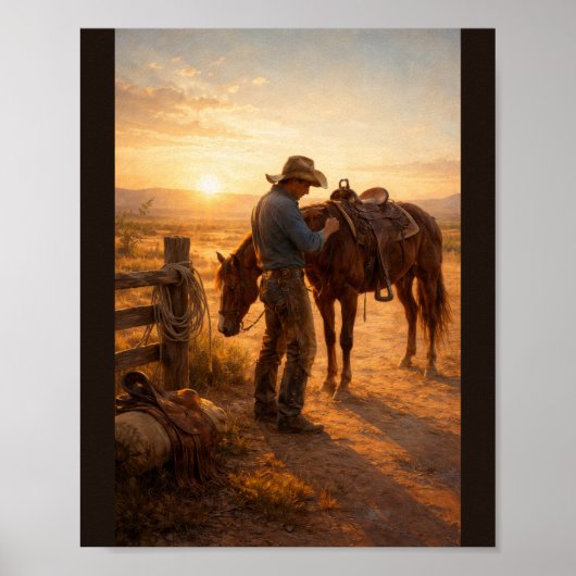 Cowboy adjusting saddle at sunrise poster (Voorkant)