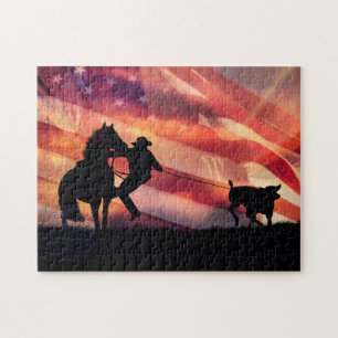 Cowboy American Flag en Steer Roping Legpuzzel
