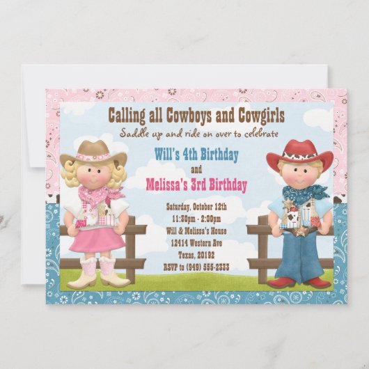 Cowboy and Cowgirl Joint Sibling Birthday Party Kaart (Voorkant)