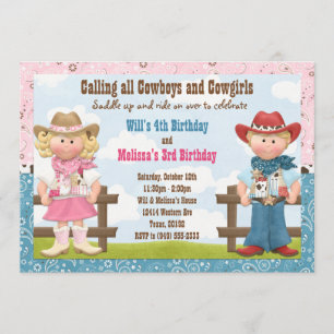 Cowboy and Cowgirl Joint Sibling Birthday Party Kaart