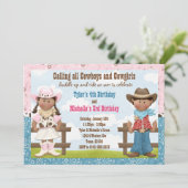 Cowboy and Cowgirl Joint Sibling Birthday Party Kaart (Staand voorkant)