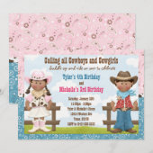 Cowboy and Cowgirl Joint Sibling Birthday Party Kaart (Voorkant / Achterkant)