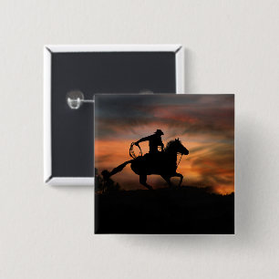 Cowboy and Horse die op zonsondergang loopt Vierkante Button 5,1 Cm