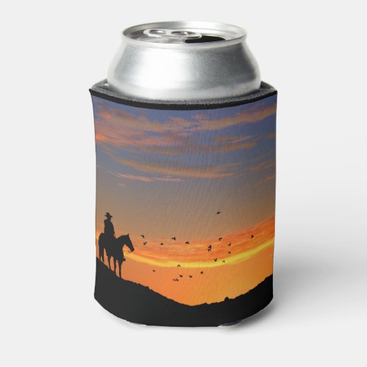 Cowboy and Horse in Sunset Koelbox Cozy Cup Blikjeskoeler (Blikje Achterkant)