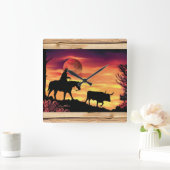 Cowboy and Longhorn Steer Square Wall Clock Vierkante Klok (Huis)