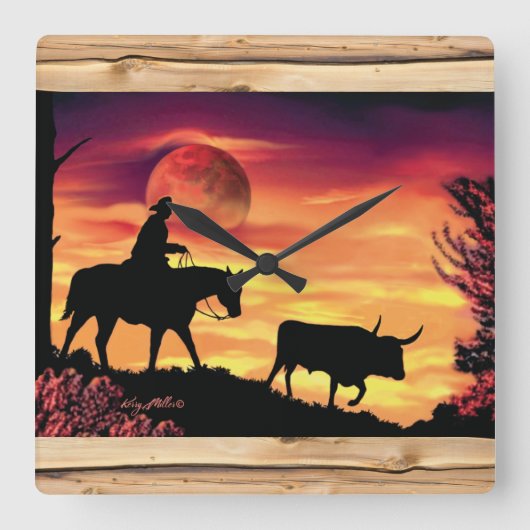 Cowboy and Longhorn Steer Square Wall Clock Vierkante Klok (Voorkant)