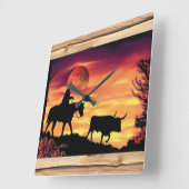 Cowboy and Longhorn Steer Square Wall Clock Vierkante Klok (Hoek)