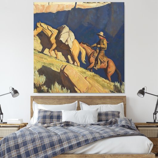 "Cowboy and Pack Horse" van Maynard Dixon Canvas Afdruk (Insitu (Slaapkamer))