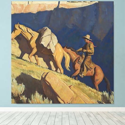 "Cowboy and Pack Horse" van Maynard Dixon Canvas Afdruk (Insitu (Houten vloer))