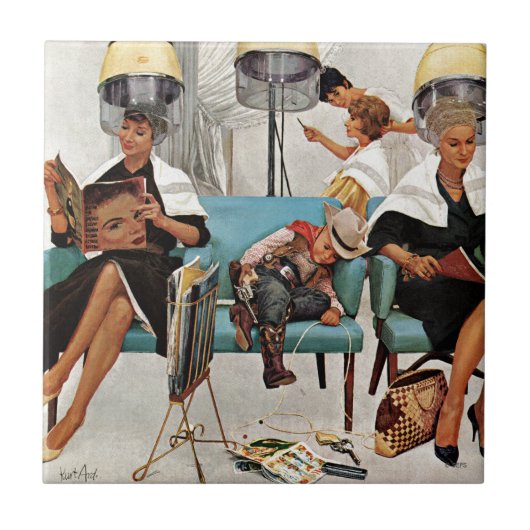 Cowboy Aslapen in Beauty Salon Tegeltje (Voorkant)