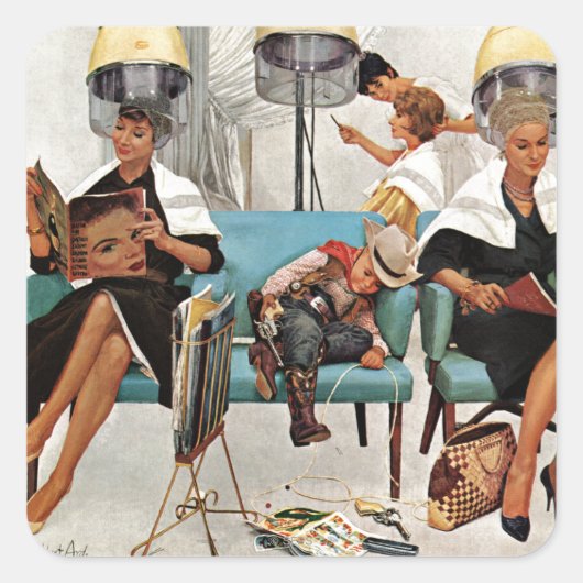 Cowboy Aslapen in Beauty Salon Vierkante Sticker (Voorkant)