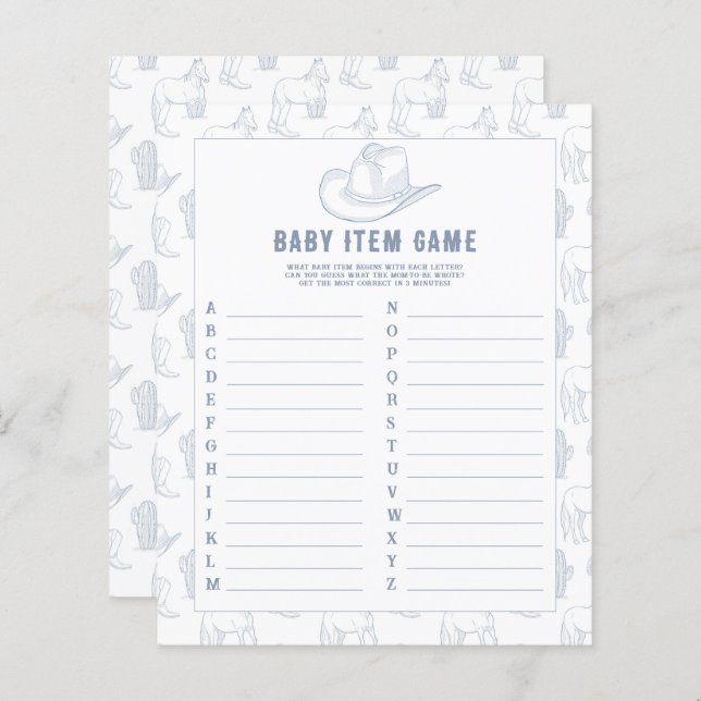 Cowboy - Baby Item spel. Baby shower spel (Voorkant / Achterkant)