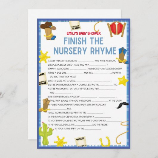 Cowboy Baby shower Game - Editable Name, 5x7 size Kaart (Voorkant / Achterkant)