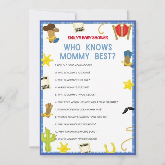 Cowboy Baby shower Game - Editable Name, 5x7 size Kaart (Voorkant)