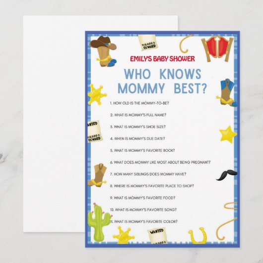 Cowboy Baby shower Game - Editable Name, 5x7 size Kaart (Voorkant / Achterkant)
