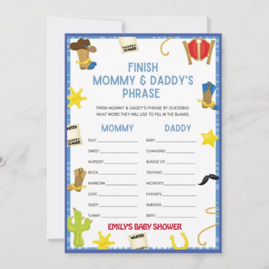 Cowboy Baby shower Game - Editable Name, 5x7 size Kaart (Voorkant)