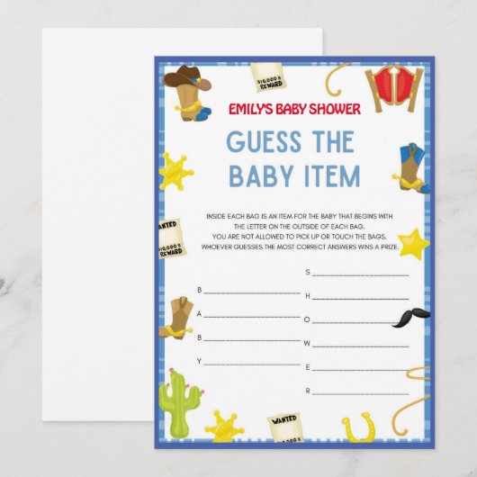 Cowboy Baby shower Game - Editable Name, 5x7 size Kaart (Voorkant / Achterkant)