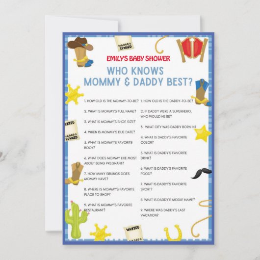 Cowboy Baby shower Game - Editable Name, 5x7 size Kaart (Voorkant)