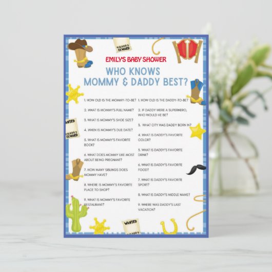 Cowboy Baby shower Game - Editable Name, 5x7 size Kaart (Staand voorkant)