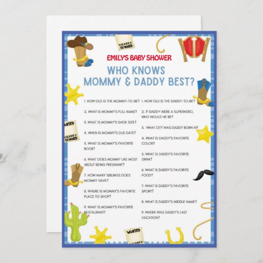 Cowboy Baby shower Game - Editable Name, 5x7 size Kaart (Voorkant / Achterkant)