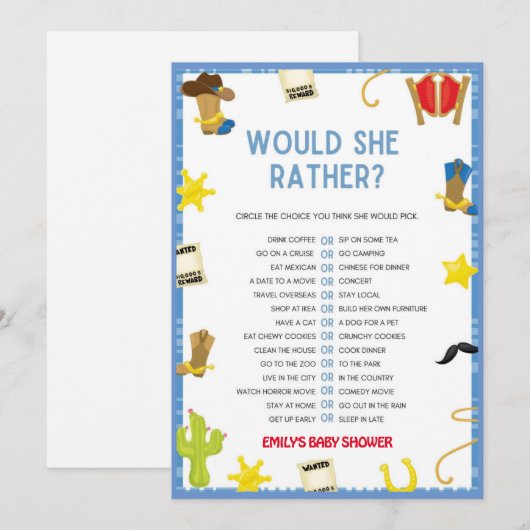 Cowboy Baby shower Game - formaat 5x7 Kaart (Voorkant / Achterkant)