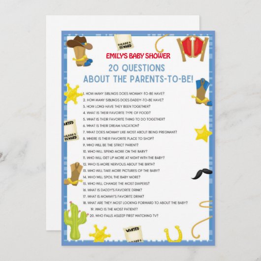Cowboy Baby shower Game Size-uitnodiging Kaart (Voorkant / Achterkant)