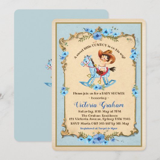  Cowboy Baby shower Invitation Blue Floral Kaart (Voorkant / Achterkant)