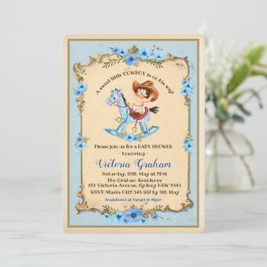 Cowboy Baby shower Invitation Blue Floral Kaart (Staand voorkant)