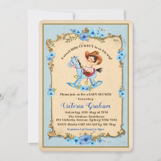 Cowboy Baby shower Invitation Blue Floral Kaart (Voorkant)