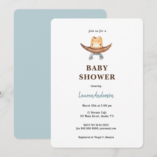 Cowboy Baby shower Invitation Kaart (Voorkant / Achterkant)