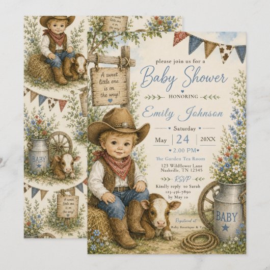 Cowboy Baby Shower Kaart (Voorkant / Achterkant)