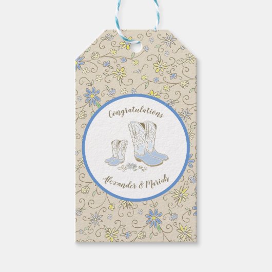 Cowboy Baby shower Land Western Blue Boy Cadeaulabel (Voorkant)