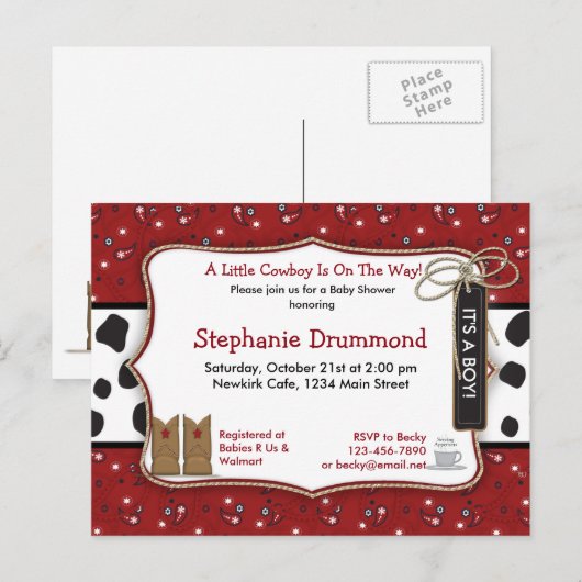 Cowboy Baby shower Uitnodiging in Red Bandana (Voorkant / Achterkant)