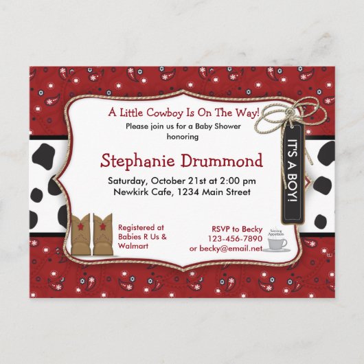 Cowboy Baby shower Uitnodiging in Red Bandana (Voorkant)