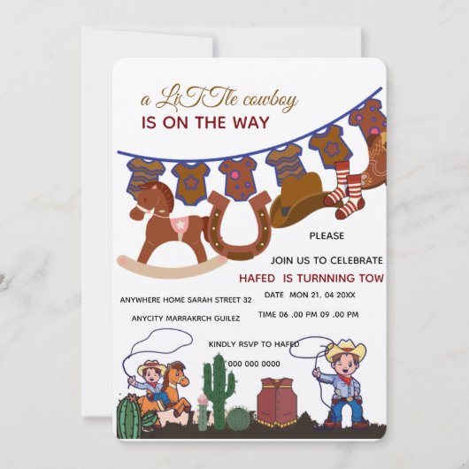 Cowboy baby shower uitnodiging template, Een klein (Voorkant)