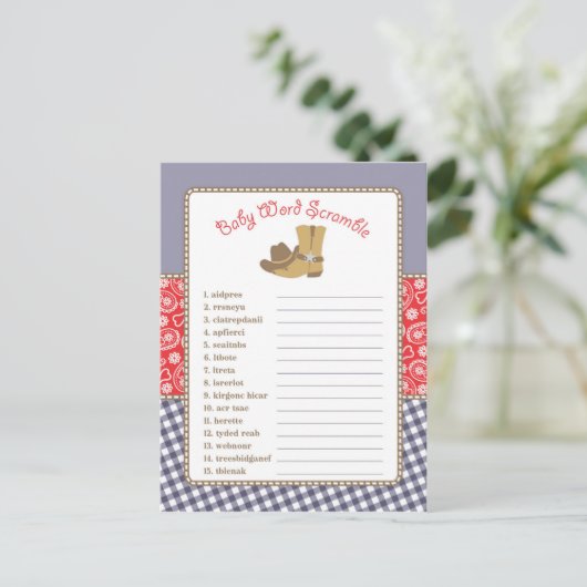 Cowboy Baby shower Word Scramble spel Uitnodiging Briefkaart (Staand voorkant)